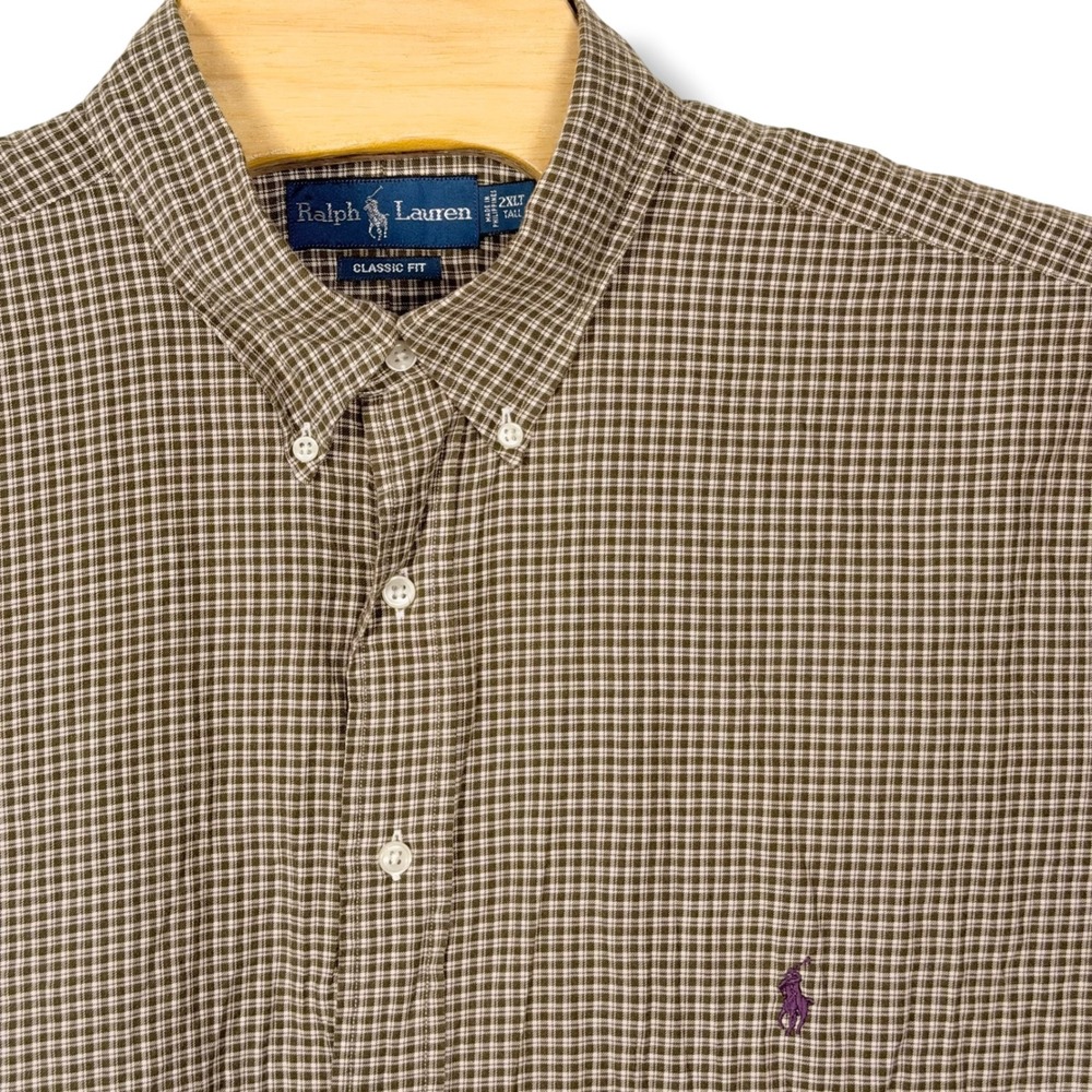 Vintage Ralph Lauren Button Down Shirt Men 2XLT Green Check Classic Fit Pony